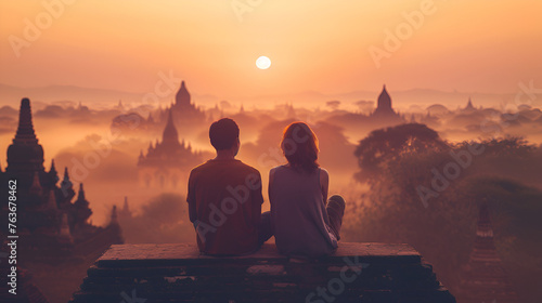 Beautiful romantic woman and man nature watch sunrise sunset or sunrise romantic young couple sitting on hammock and looking at sunset