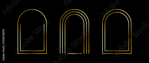 Golden thin arc frame set. Gold geometric borders in art deco style. Thin linear arch and curved shape collection. Yellow glowing shiny boarder element pack. Vector bundle for photo, cadre, poster