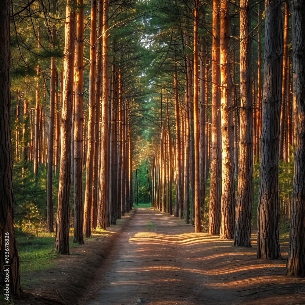 Pine forest panorama in summer. Pathway in the park