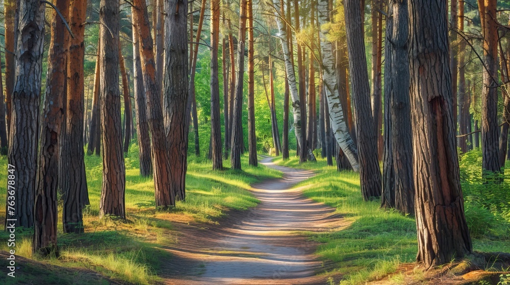 Pine forest panorama in summer. Pathway in the park Pine forest panorama in summer. Pathway in the park