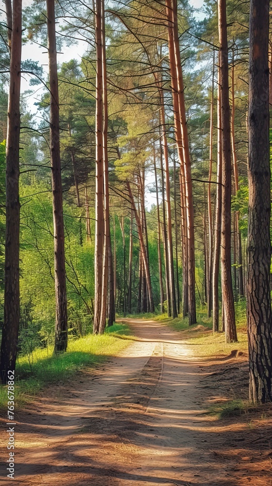 Obraz premium Pine forest panorama in summer. Pathway in the park