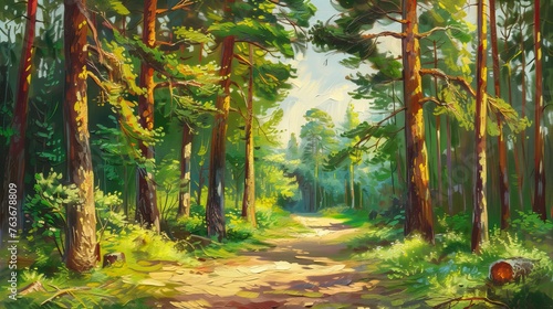 Pine forest panorama in summer. Pathway in the park