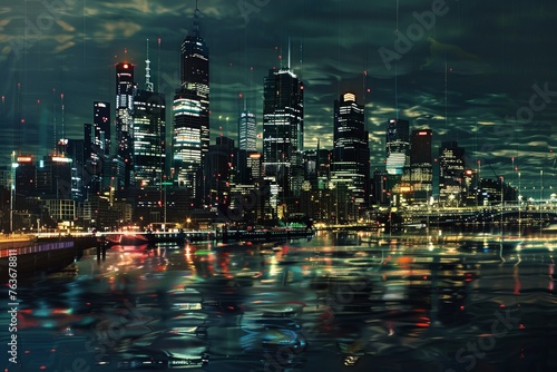 An atmospheric wallpaper design featuring a bustling city skyline at twilight, with twinkling lights, bustling traffic, and reflections dancing on the water, Generative AI © ManusiaIkan