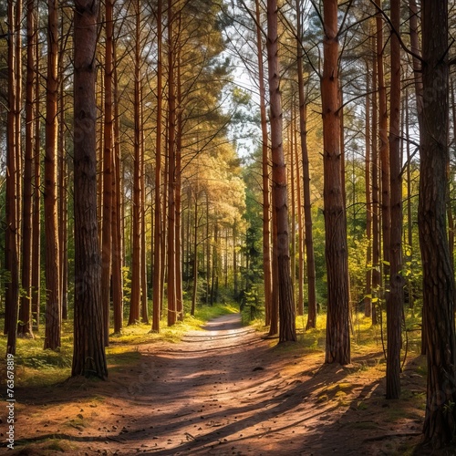 Pine forest panorama in summer. Pathway in the park