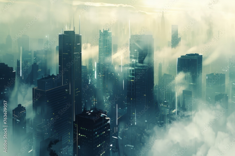 An atmospheric wallpaper illustration depicting a bustling cityscape enveloped in a soft morning fog, with skyscrapers rising from the mist and the streets below bustling with activity, Generative AI