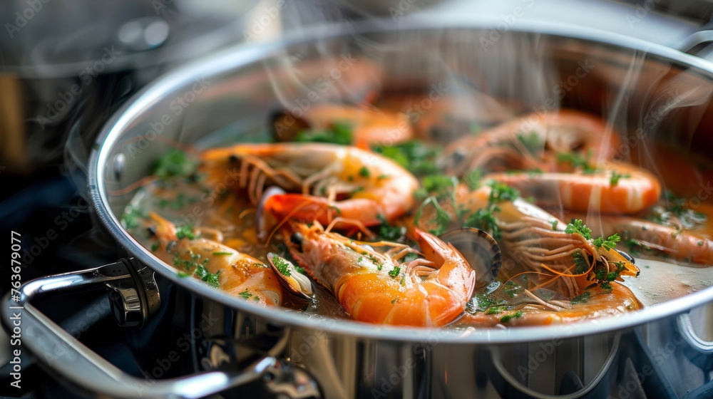 A pan filled with plump cooked shrimp, garnished with fresh parsley leaves, ready to be served. A pan filled with plump cooked shrimp, garnished with fresh parsley leaves, ready to be served.