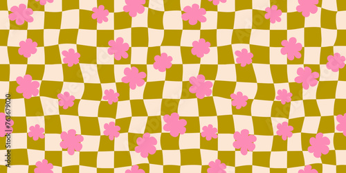 Seamless floral checkerboard pattern. Repeating distorted checkered texture with daisy flowers. Groovy trippy background. Vintage retro wallpaper for textile, fabric, wrapping paper. Vector surface