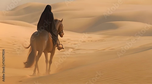 Saudi Arabian Gulf horsewoman wearing a black abaya riding a purebred brown mare photo