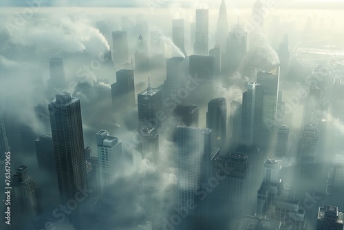 An atmospheric wallpaper illustration depicting a bustling cityscape enveloped in a soft morning fog, with skyscrapers rising from the mist and the streets below bustling with activity, Generative AI #763679065