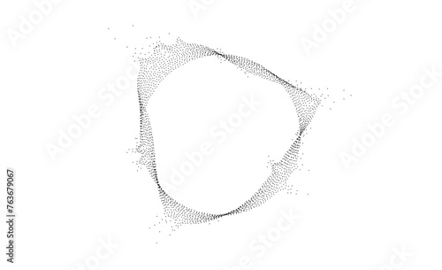 Black dotted wavy lines with dissolve effect. Stipple disintegrating curved circle or ring. Halftone textured sphere with noise grain. Round grunge particles or speckles. Dispersing dot work. Vector