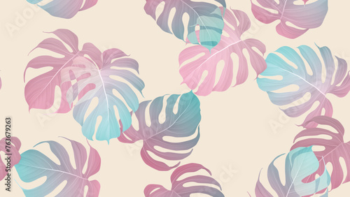Seamless pattern  pastel Monstera leaves on light brown background