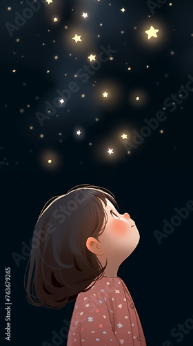 Hand drawn cartoon children s day illustration of beautiful little girl under the starry sky