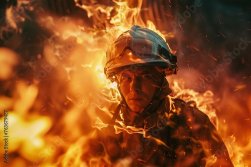 A firefighter surrounded by flames