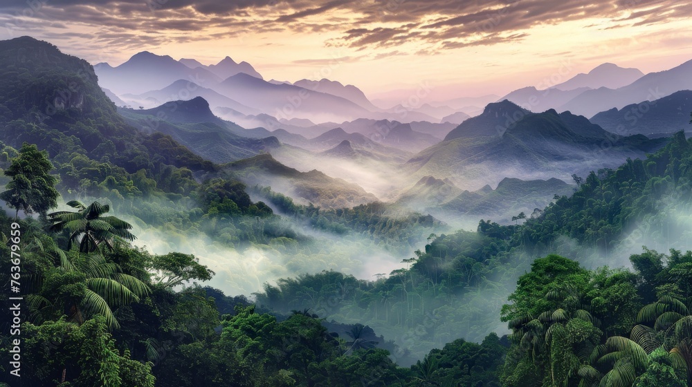  Jungle mountain vista sunrise - obrazy, fototapety, plakaty 