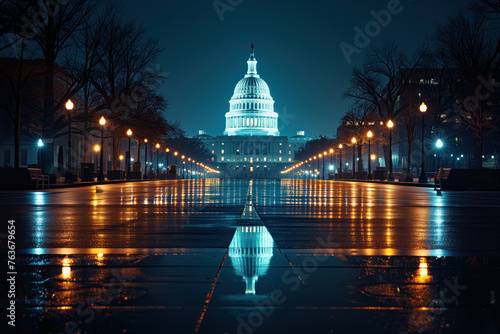 In evening, dome of Capitol Hill building of Home of Congress is illuminated, Washington, DC, USA. AI Generation
