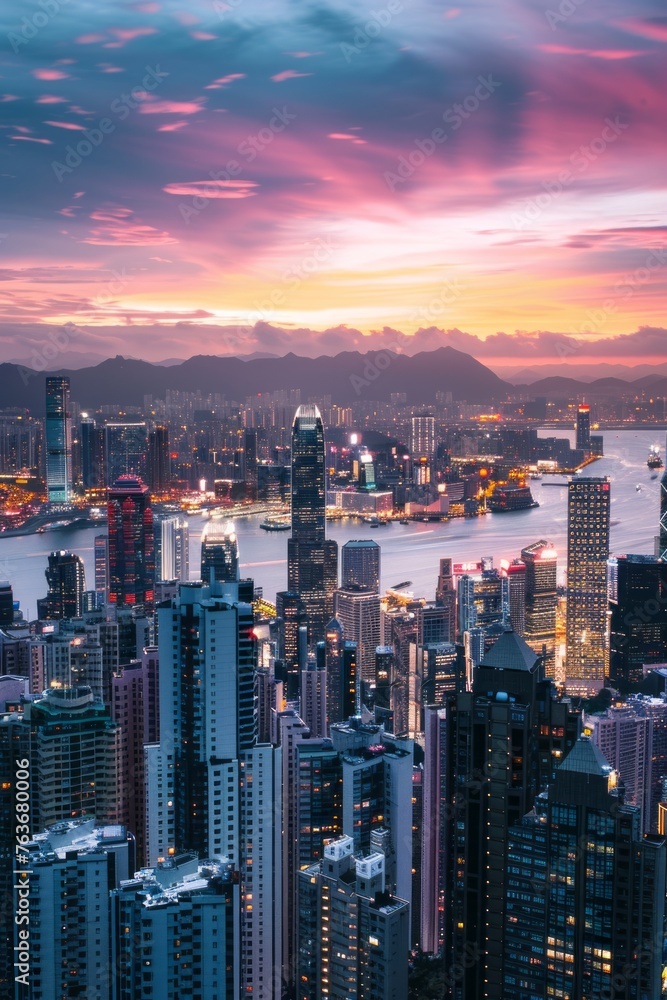Fototapeta premium A captivating wallpaper design portraying a bustling urban landscape, with towering buildings, busy streets, and a diverse array of people going about their daily lives, Generative AI