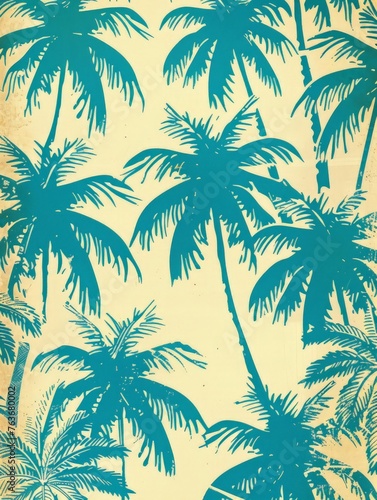 Palm trees in a repeating pattern on a blue and yellow wallpaper