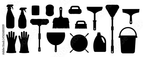 Professional cleaning tools silhouettes. Set of black cartoon cleaning tools for washing window, floor and wet cleaning isolated on white background.
