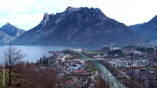 Panoramic view of Ebensee town and Traunsee lake with the Kalvarienberg mountain in Salzkammergut, Upper Austria photo