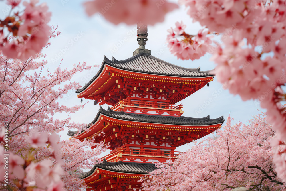 Spring blooming sakura cherry trees around traditional Japanese red pagoda Generative AI Spring blooming sakura cherry trees around traditional Japanese red pagoda Generative AI