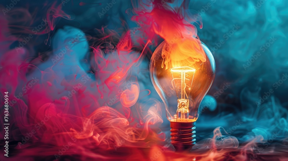 Colorful Smoke Surrounds a Glowing Light Bulb Colorful Smoke Surrounds a Glowing Light Bulb