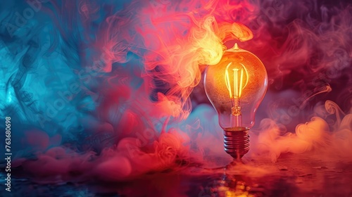 Colorful Smoke Surrounds a Glowing Light Bulb