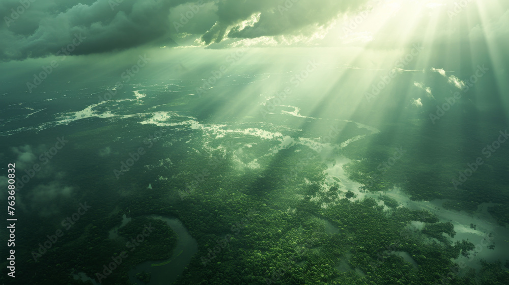 Fototapeta premium 広い森林に差す太陽