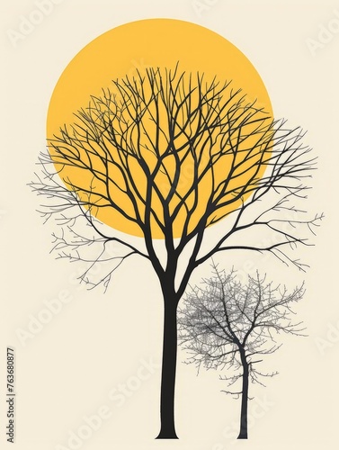 Two trees stand without leaves in front of a bright yellow sun © pham