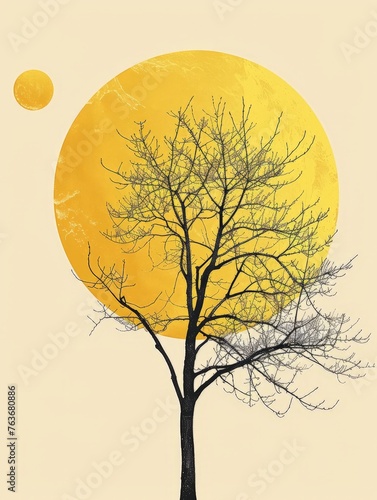 A painting depicting a tree against a vibrant yellow sun in the background