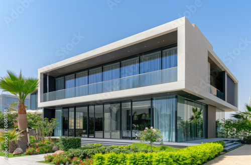 A modern and sleek villa in Dubai, featuring glass walls, concrete exterior materials, high-end interior design elements, lush greenery, and an abundance of natural light