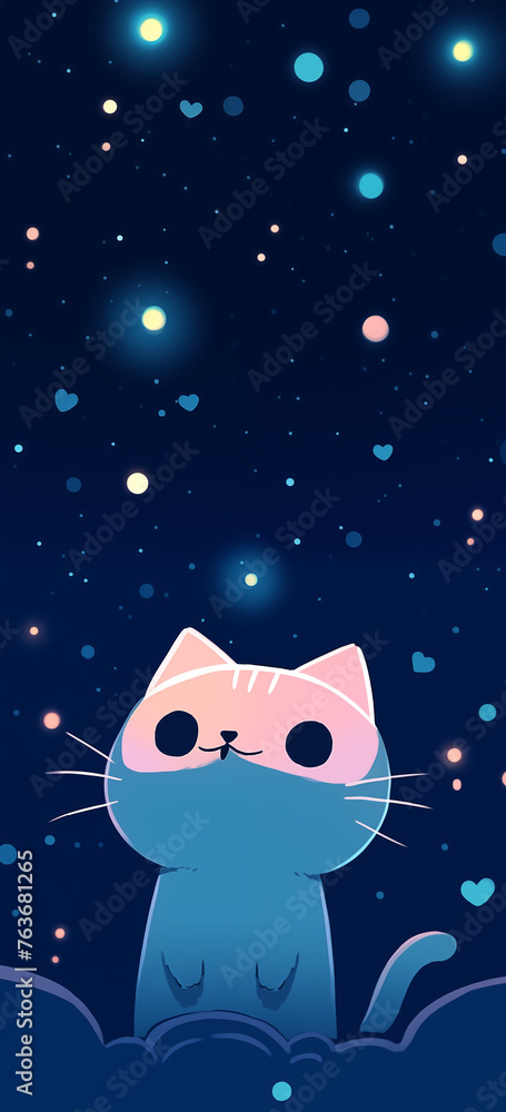 Hand drawn cartoon illustration of cat looking at the starry sky