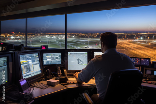 Workplace air traffic aircraft controller tower at an international airport with passenger aircraft taking off landing