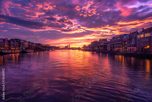 Twilight Canvas: A Scenic View of Amsterdam's breathtaking IJ River