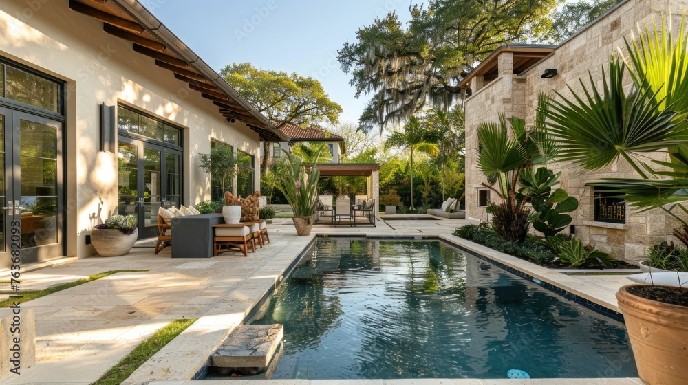 backyard patio and pool, located in Austin TX, in the style of soft tonal transitions, large potted plants,