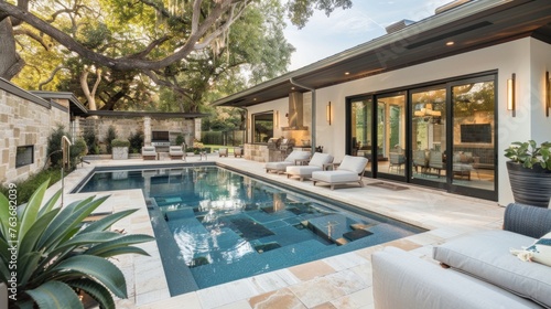 backyard patio and pool, located in Austin TX, in the style of soft tonal transitions, large potted plants, 