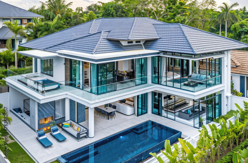 A modern twostory villa with blue tile roof, white walls and glass windows on the first floor. The swimming pool is in front of it, surrounded by lush greenery