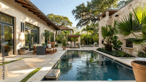 backyard patio and pool, located in Austin TX, in the style of soft tonal transitions, large potted plants,