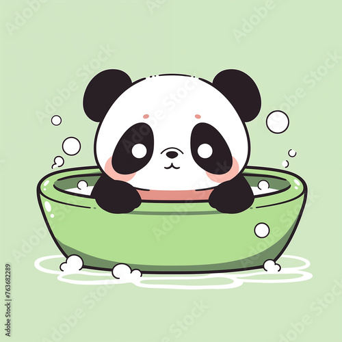 Hand drawn cartoon illustration of cute panda taking a bath photo