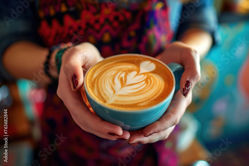 Woman holding cup of coffee with latte art. Cozy beverage and cafe culture.