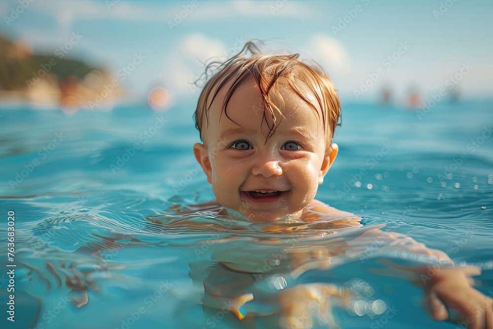 A happy child swimming in the sea. A happy child swimming in the sea.