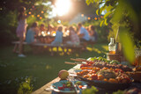 Friends enjoying summer garden party with rustic meal. Outdoor dining and leisure.