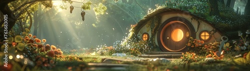 Fantasy Hobbit House with Key and Lush Floral Garden in an Enchanted Forest Setting