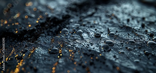 A splash of dark black water that doesn't let in light with droplets and bubbles flying around
