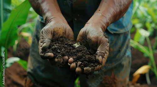 Farmer sieving soil through hands in farm