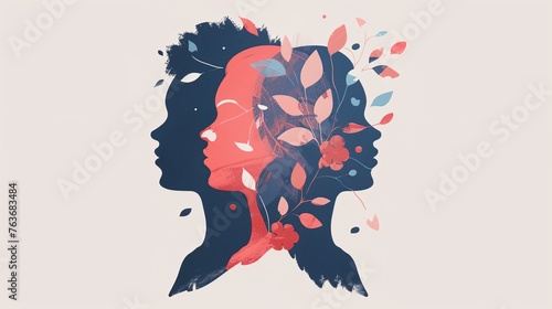 a woman's profile with leaves and flowers on her head