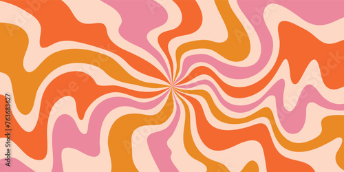 Retro horizontal background with sunburst in a spiral or swirled radial striped design. Trippy vector illustration in style 70s, 80s. Pink, orange, yellow and beige colors.