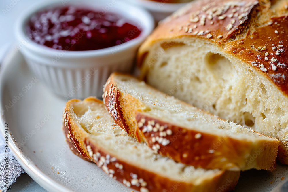 A slice of bread with sesame seeds on top of a wooden cutting board