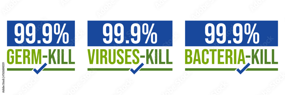 Kills 99.9% bacteria, germs and viruses . Antibacterial and antiviral defence, protection infection. Vector Illustration Kills 99.9% bacteria, germs and viruses . Antibacterial and antiviral defence, protection infection. Vector Illustration