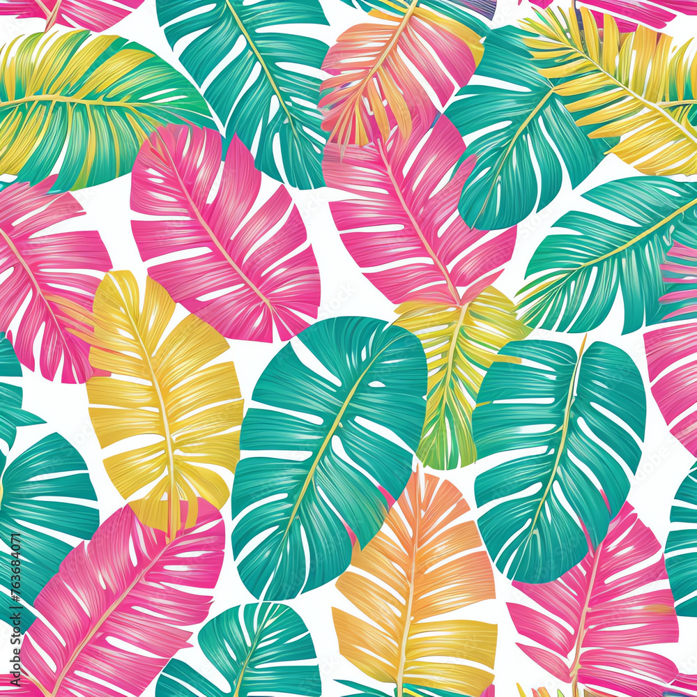 Naklejka premium illustration green and pink tropical mix leaves random pattern, pastel background wallpaper style
