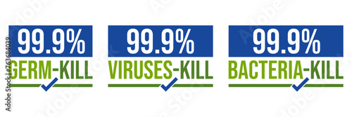 Kills 99.9% bacteria, germs and viruses . Antibacterial and antiviral defence, protection infection. Vector Illustration